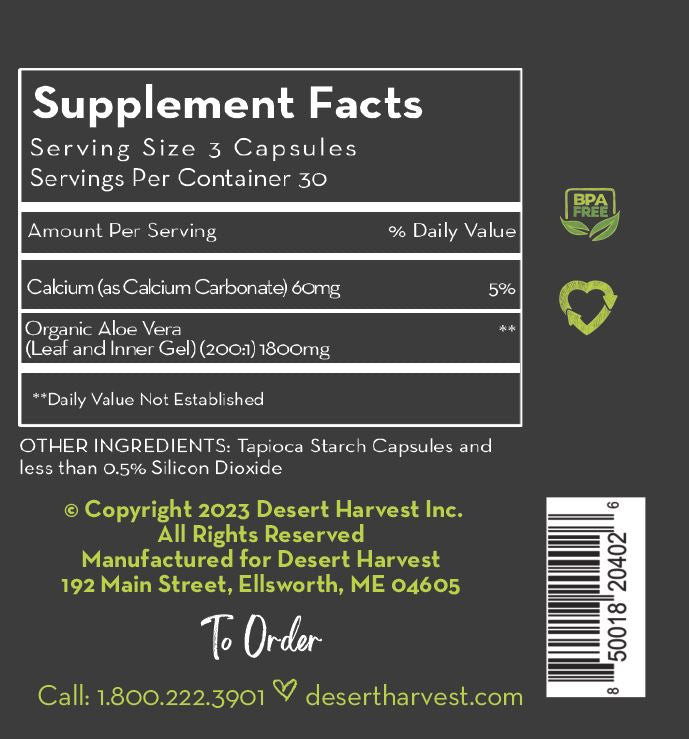 Super-Strength Aloe Vera | Organically Grown & Non-GMO - 90 & 180 Capsules Oral Supplements Desert Harvest