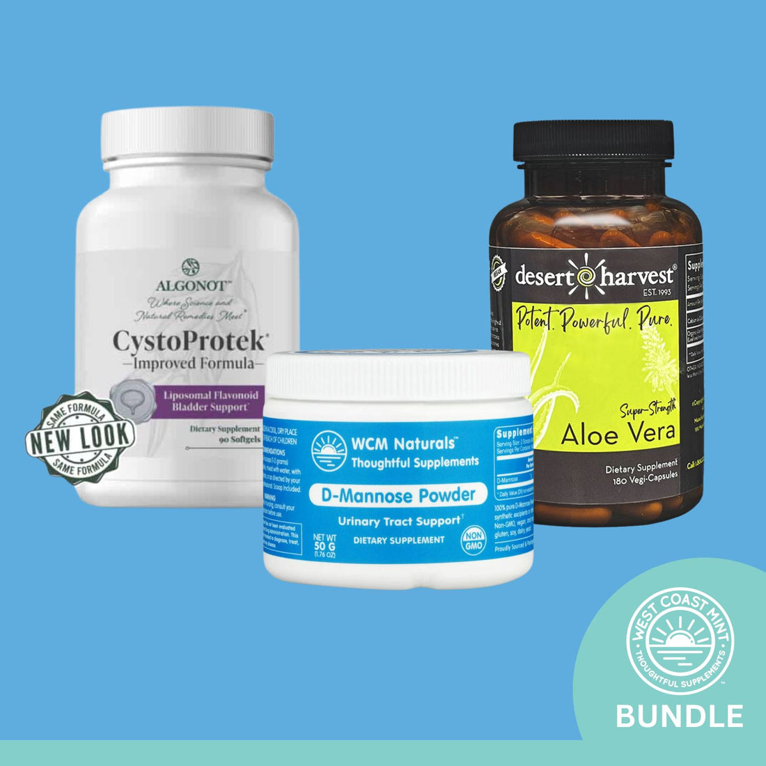 Bladder Support Bundle - CystoProtek - Aloe Vera - D-Mannose | 3 Items Oral Supplements West Coast Mint With D-Mannose Powder - 50 grams 