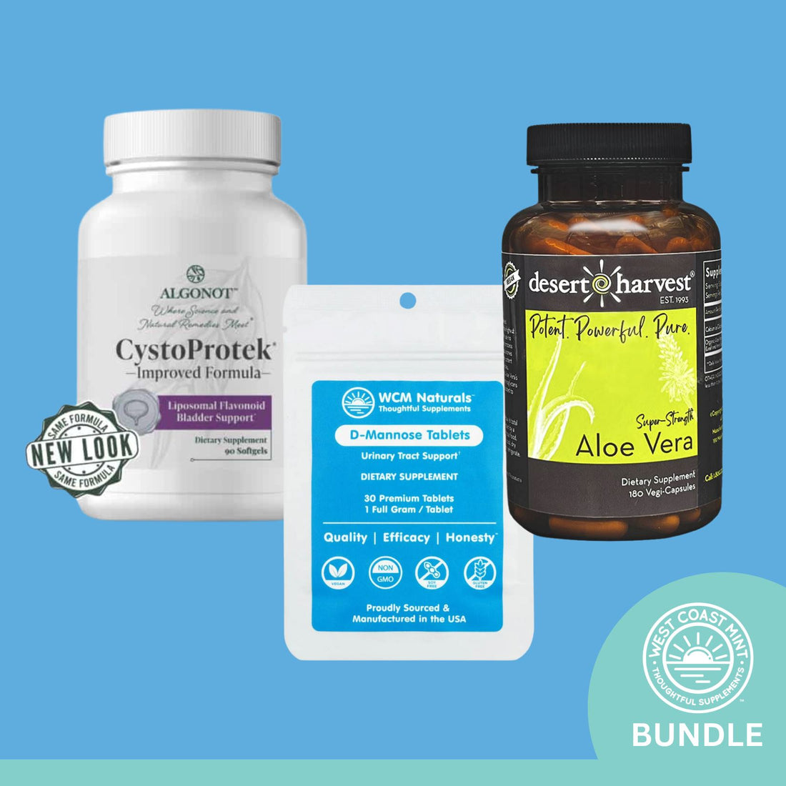 Bladder Support Bundle - CystoProtek - Aloe Vera - D-Mannose | 3 Items Oral Supplements West Coast Mint With D-Mannose Tablets - 30 Pack 